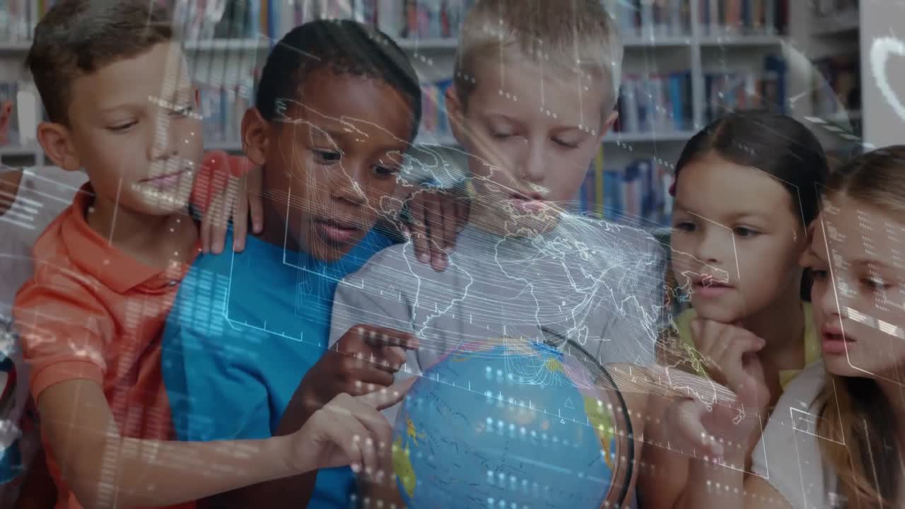 Animation of data processing over schoolchildren looking at globe in class