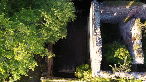 Antiguas-Ruinas-De-Molinos-De-Agua-Convertidas-En-Follaje-En-Un-Día-Soleado,-Vista-Aérea-Descendente