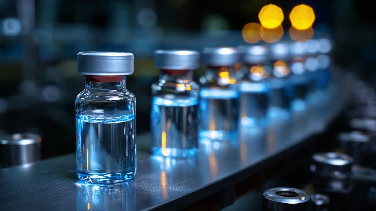 A Close-Up View of Glass Vials Filled with Clear Liquid Being Processed on a Production Line, Reflecting Ambient Lighting in a Pharmaceutical Manufacturing Facility