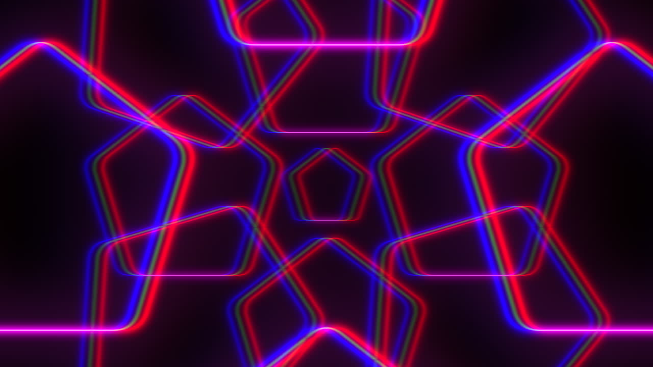 Filmato astratto vibrante di contorni geometrici al neon con bagliore rosso e blu su sfondo scuro, stile cyber futuristico per visual musicali, promozioni tecnologiche e schermi VJ.