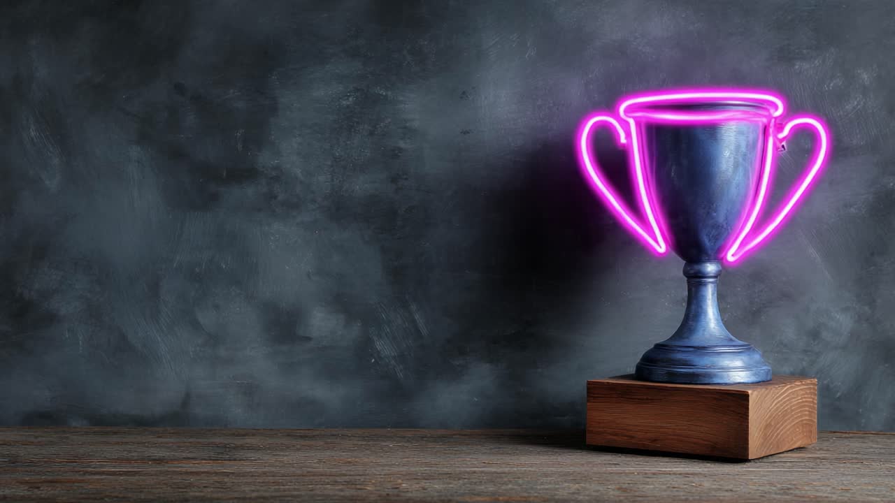 A Vibrant Neon Trophy Illuminates the Dark Background, Symbolizing Achievement and Victory in a Stylish, Modern Design