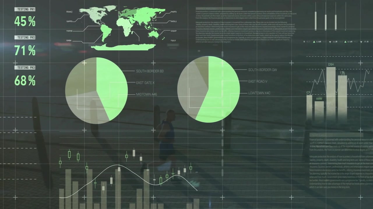 male jogger walking waterfront pier, with animated business pie charts world map line bar graphs