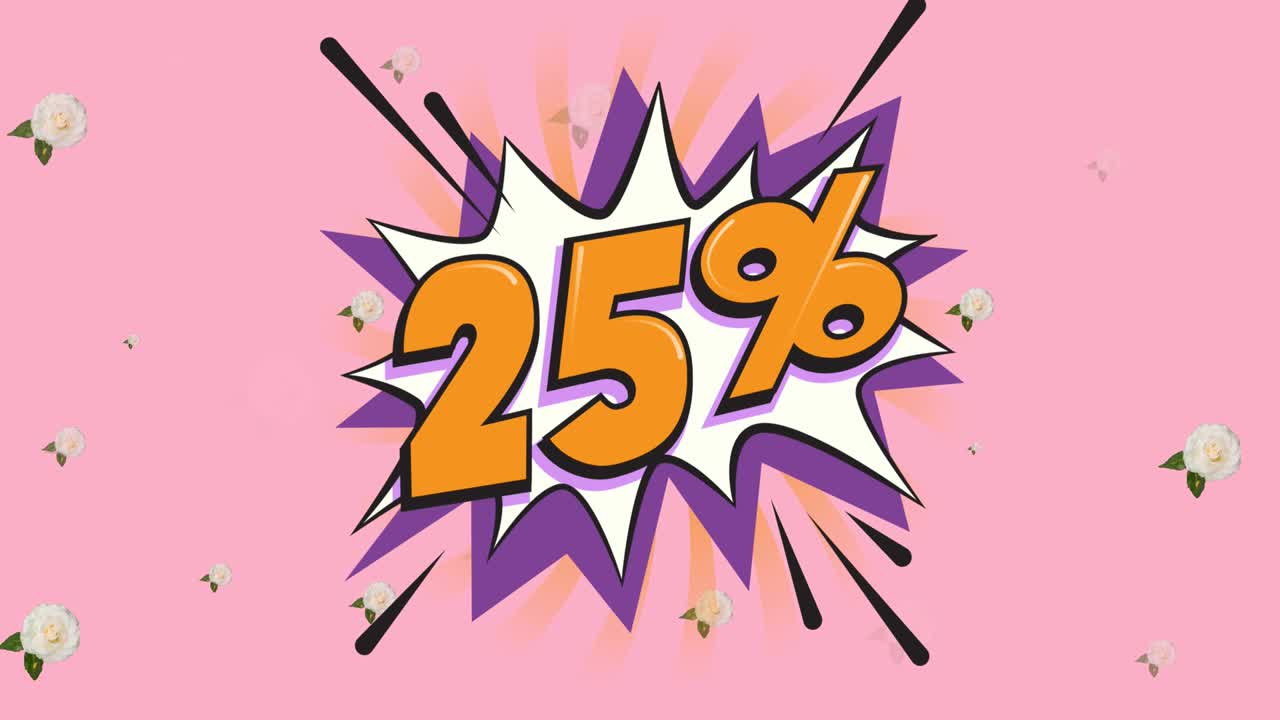 음성 거품 위에 25 퍼센트 텍스트의 애니메이션과 꽃이 최면 운동으로 움직입니다.