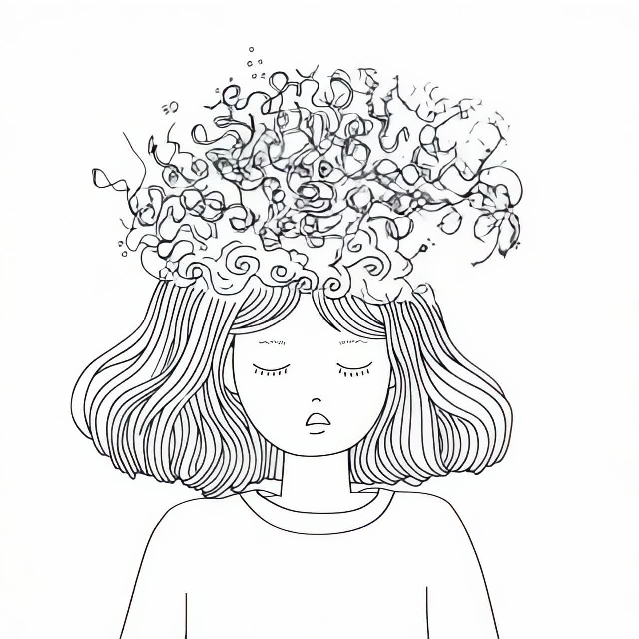 Line art of a girl with closed eyes, hair transforming into abstract swirls