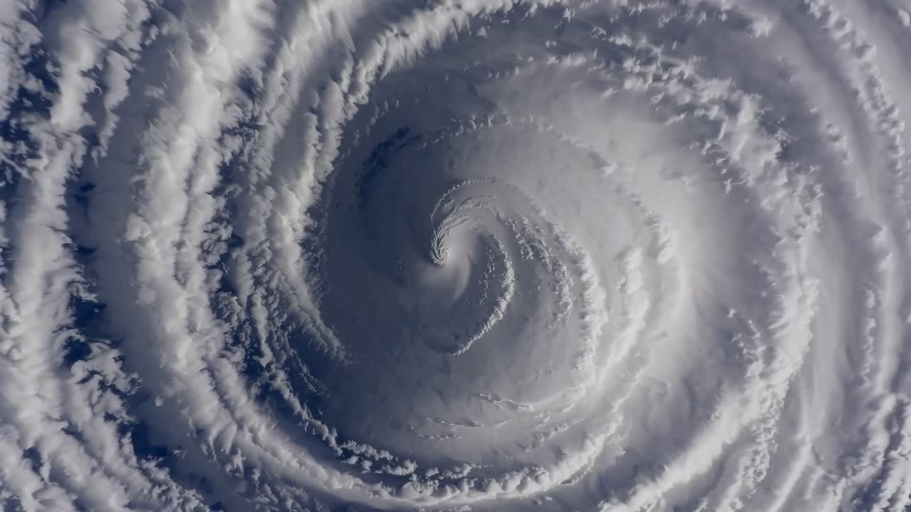 Luftfoto af en hvirvlende orkan, der viser dens kraftfulde spiralmønster