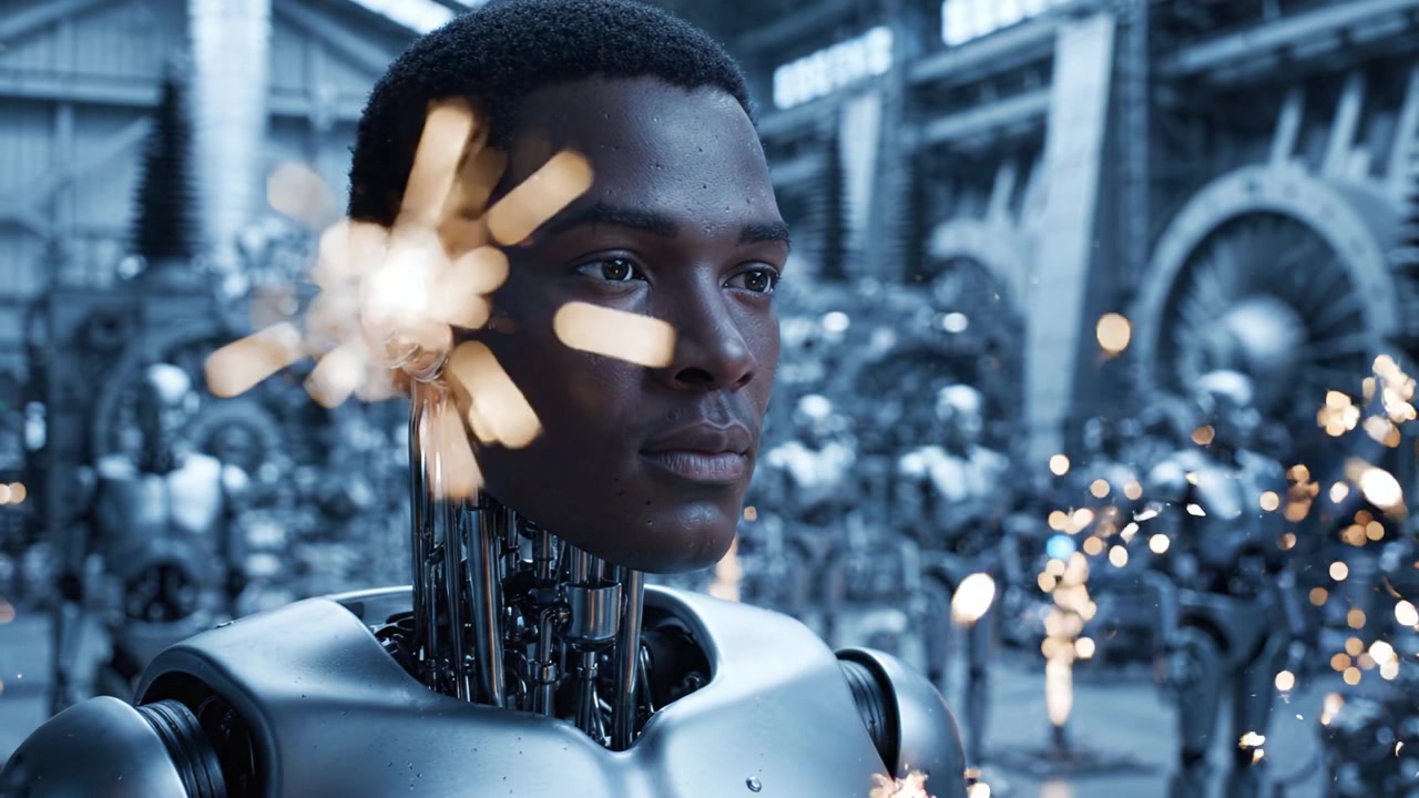 Un robot umanoide in un'officina futuristica, che mostra tecnologia avanzata con design intricati, circondato da altre unità robotiche in un ambiente industriale.