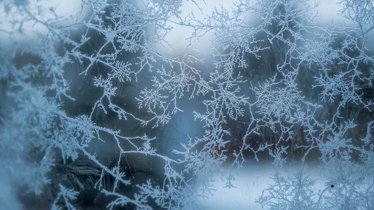 Cambiando l'inquadratura, la camera rivela cristalli di galaverna su un vetro, alberi sfocati, chiazze di neve