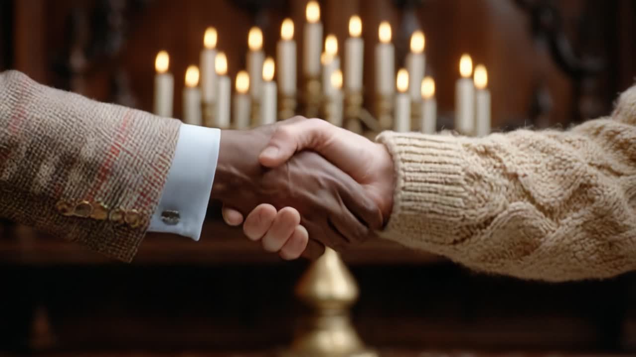 A Moment of Connection: Two Hands Firmly Shake in a Warm Atmosphere, Symbolizing Unity and Understanding Amid Flickering Candlelight