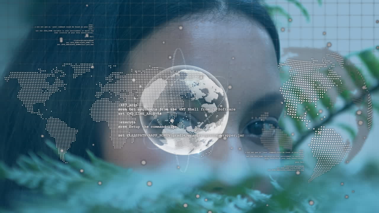 세계 지도, 지구, 그리고 두 인종의 여성의 얼굴의 애니메이션