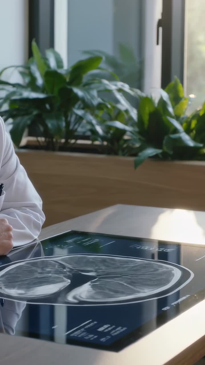Vertical video: Pointing doc in lab coat in consult tracing scan on screen, showing pen, copy space