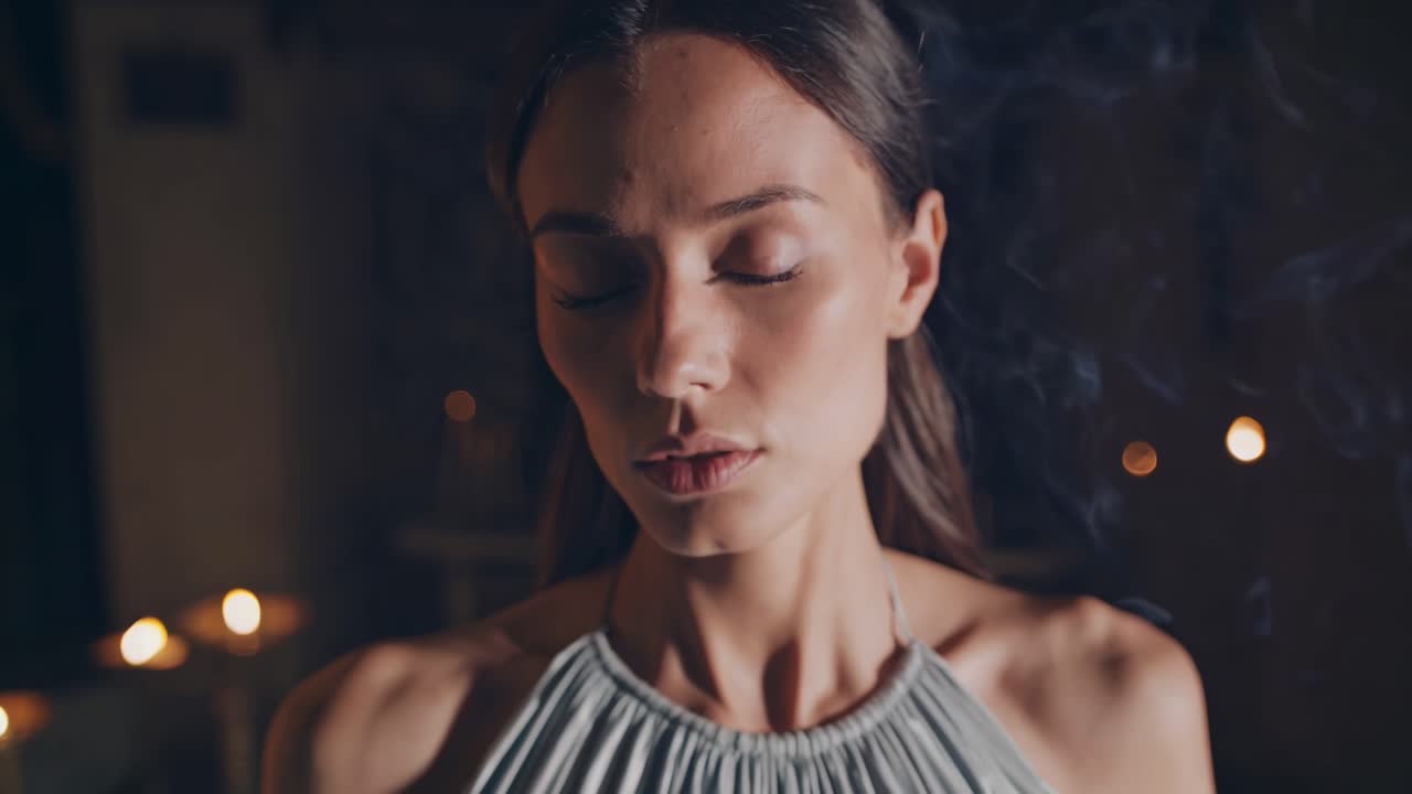 Female practitioner sitting cross legged, meditating with closed eyes amid soft lighting and curling incense smoke, creating peaceful atmosphere for mindful spiritual connection