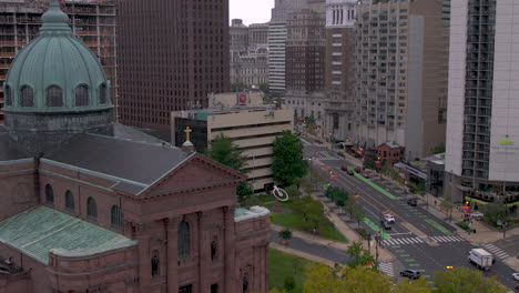 Drone-Shot-of-Cathedral-Basilica-of-Saints-Peter-and-Paul---Philadelphia,-PA