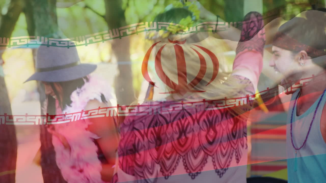 Iranian flag animation over people celebrating outdoors in colorful attire