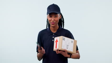 delivery woman, box and phone call