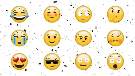 Animation-Von-Konfetti,-Das-über-Zwölf-Verschiedene-Emojis-Fällt,-Auf-Weißem-Hintergrund