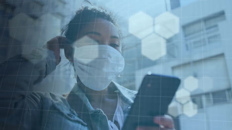 animation of a woman with a mask putting on earphones in the street over a white grid