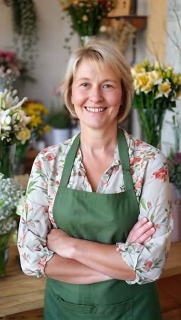 smiling florist looking at the camera with her arms crossed in her flower store