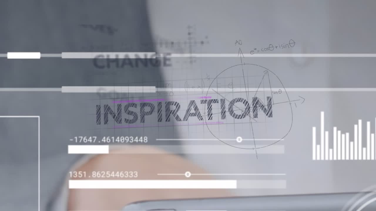 Animation of business concept texts and data processing over mid section of man using digital tablet