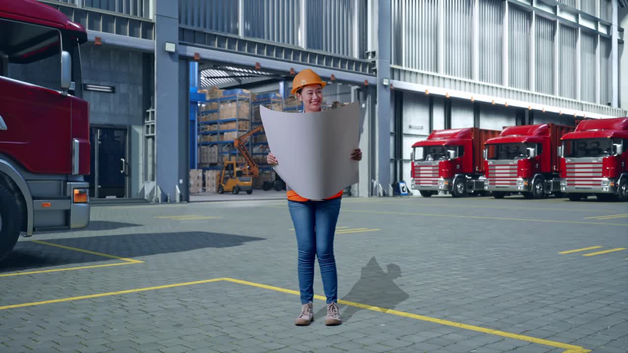 Full Body Of Asian Female Engineer With Safety Helmet Looking At Blueprint In Her Hands And Looking Around, Outside of Logistics Distributions Warehouse