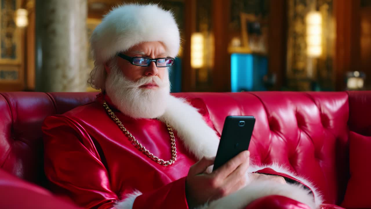 A Modern Santa Claus Relaxing on a Plush Couch While Engrossed in His Smartphone, Blending Timeless Tradition with Contemporary Technology in a Luxurious Setting