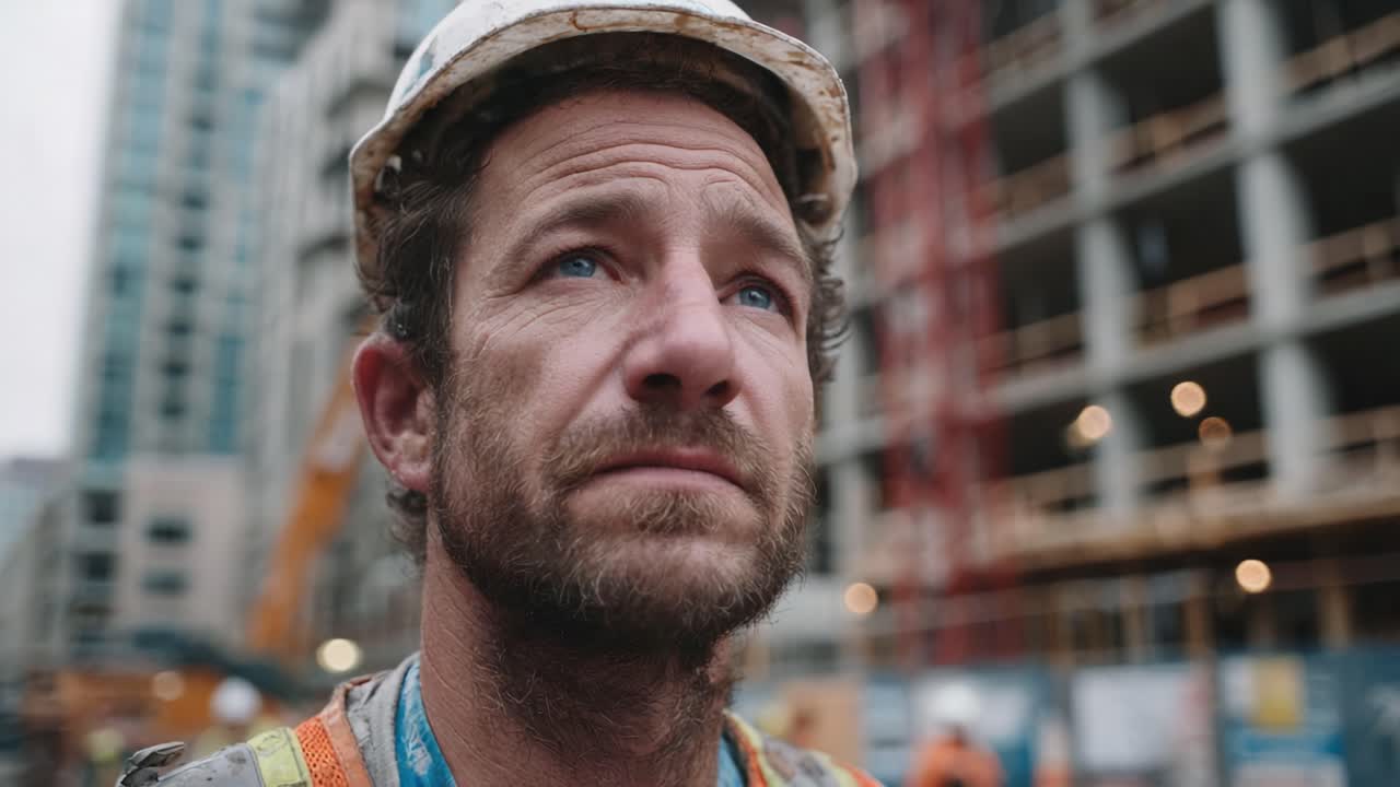 A Construction Worker Contemplating His Future Amidst a Busy Building Site, Reflecting the Challenges and Hopes of the Construction Industry