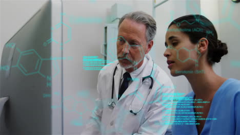 animation of medical data processing over diverse male and female doctor discussing at computer