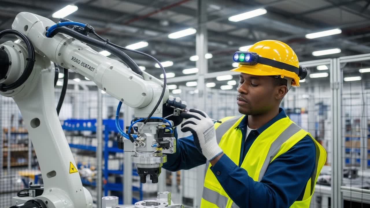 Skilled Technician Performing Precision Maintenance on Advanced Robotic Arm in High-Tech Manufacturing Facility with Safety Gear and Focused Demeanor