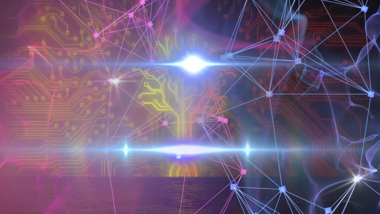 animación de una placa de circuitos informáticos a través de una red de conexiones y senderos de luz