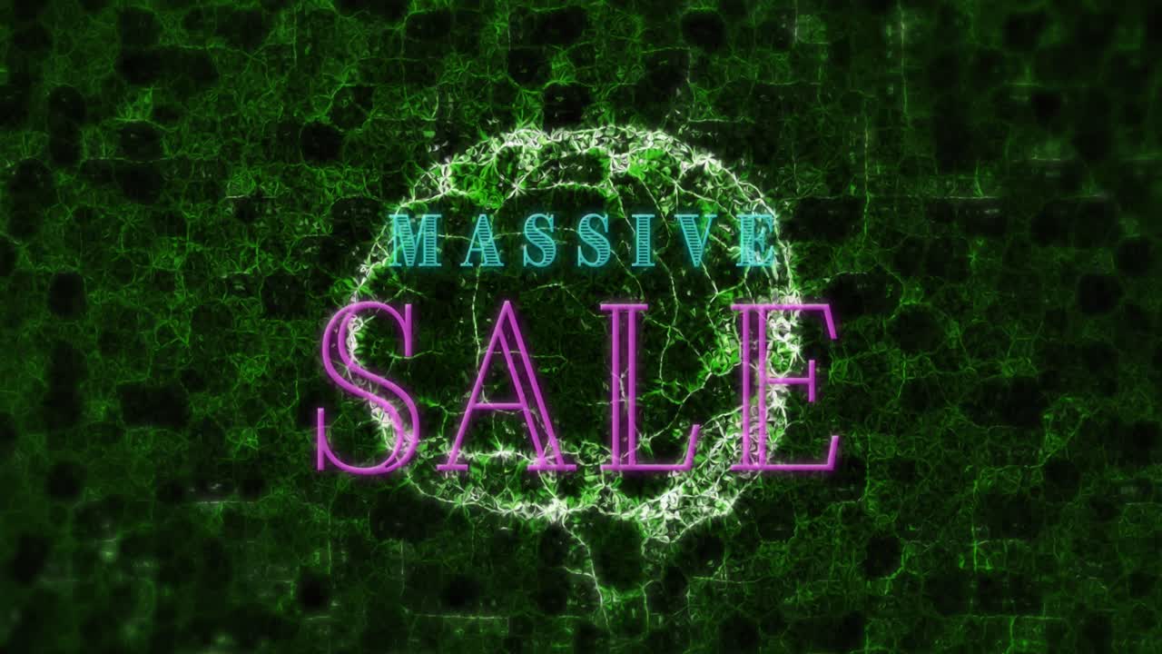 검은 바탕에 네온 빨간 플래시 판매 텍스트에 반하여 떨어지는 추상적인 모양의 디지털 애니메이션