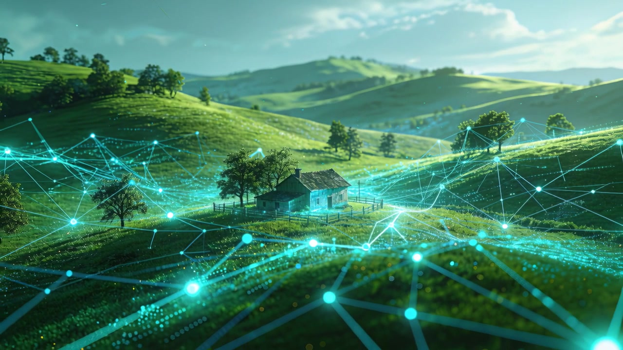 Emerging animated cyan network spreading across rolling hills, lighting farmhouse, fence, and trees