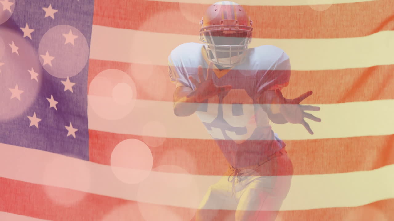 Animazione di un giocatore afroamericano di football americano e della bandiera degli USA