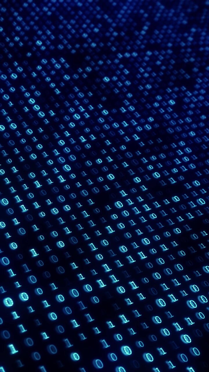 Blue binary code matrix background with glowing zero and one symbols diagonal digital rows and cyber