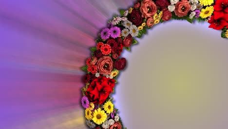 animation of a swirling ring of flowers emitting multicolored rays. video loop