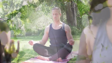 Animation-of-leaves-over-diverse-people-practicing-yoga-and-meditating