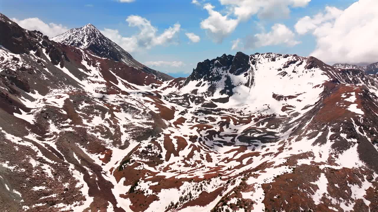 Sangre De Cristo Range Mt Mount Lindsey Blanca Peak aerial drone Colorado spring summer snow fields melting morning blue sky clouds high Rocky Mountains summit Fort Garland forward motion