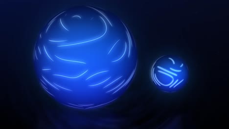 a looping abstract animation of a blue planet and a moon with moving white lines, rotating and casting a glowing shadow, set against a blinking starfield backdrop.