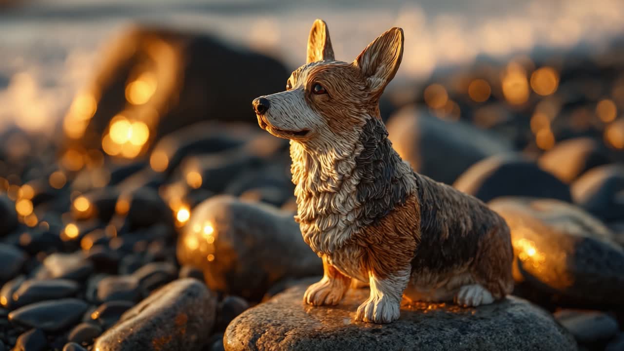 Majestátní figurka Corgiho obklopená klidným plážovým prostředím, zachycující krásu přírody a umění s teplými akcenty a hladkými oblázky.