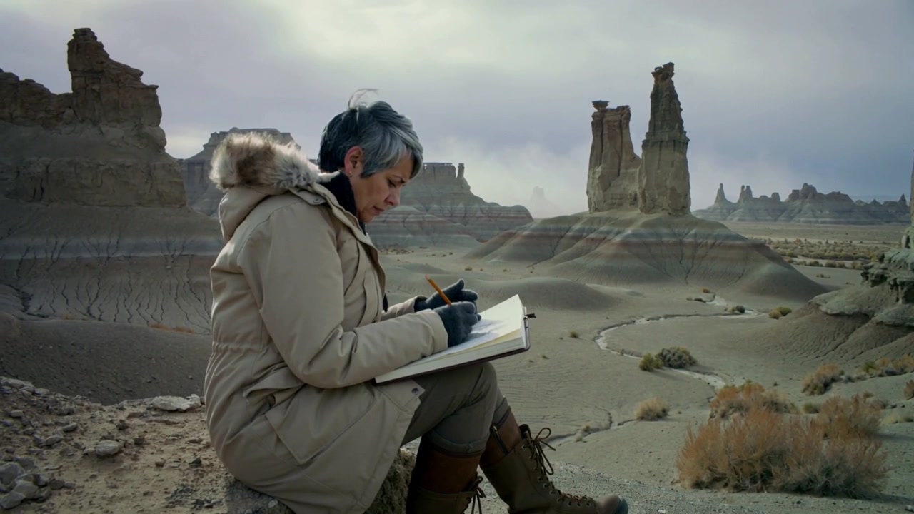 Memperhatikan hoodoo, seniman sketsa wanita meletakkan pensil dan membuat sketsa di tepian dengan parka, buku sketsa
