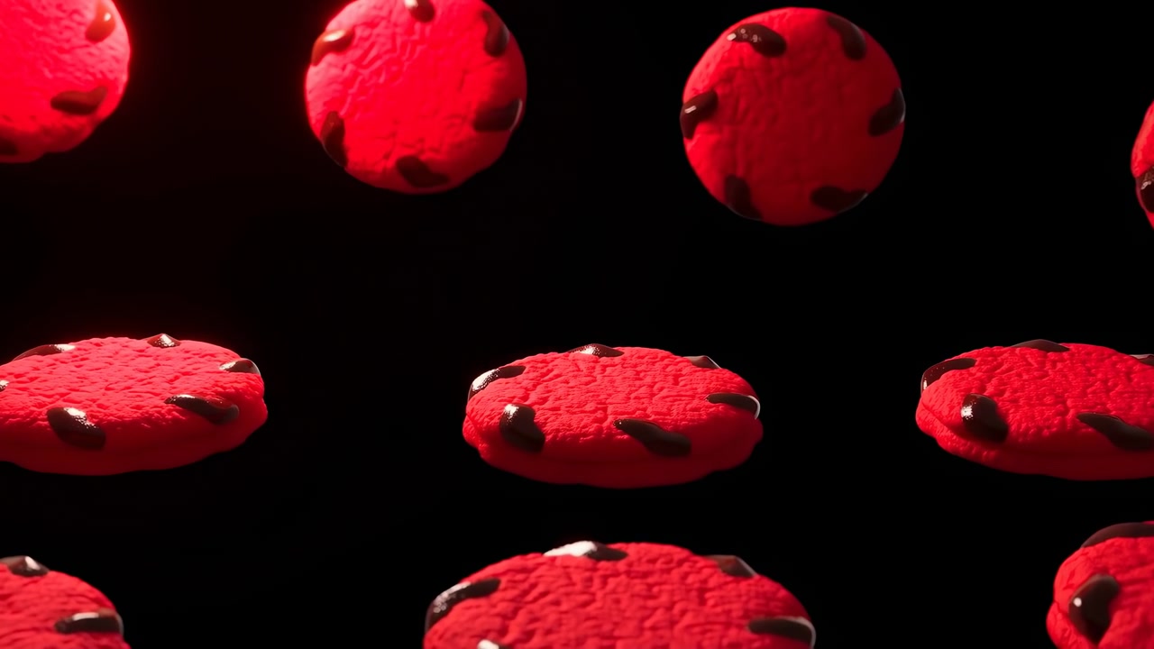 Multiple bright red ladybug-like spheres with dark spots move and drift across a deep black background under dramatic spotlight-like lighting. The glossy, curved forms scatter through the center and around the edges, creating a swirling, floating motion with high contrast and strong texture detail