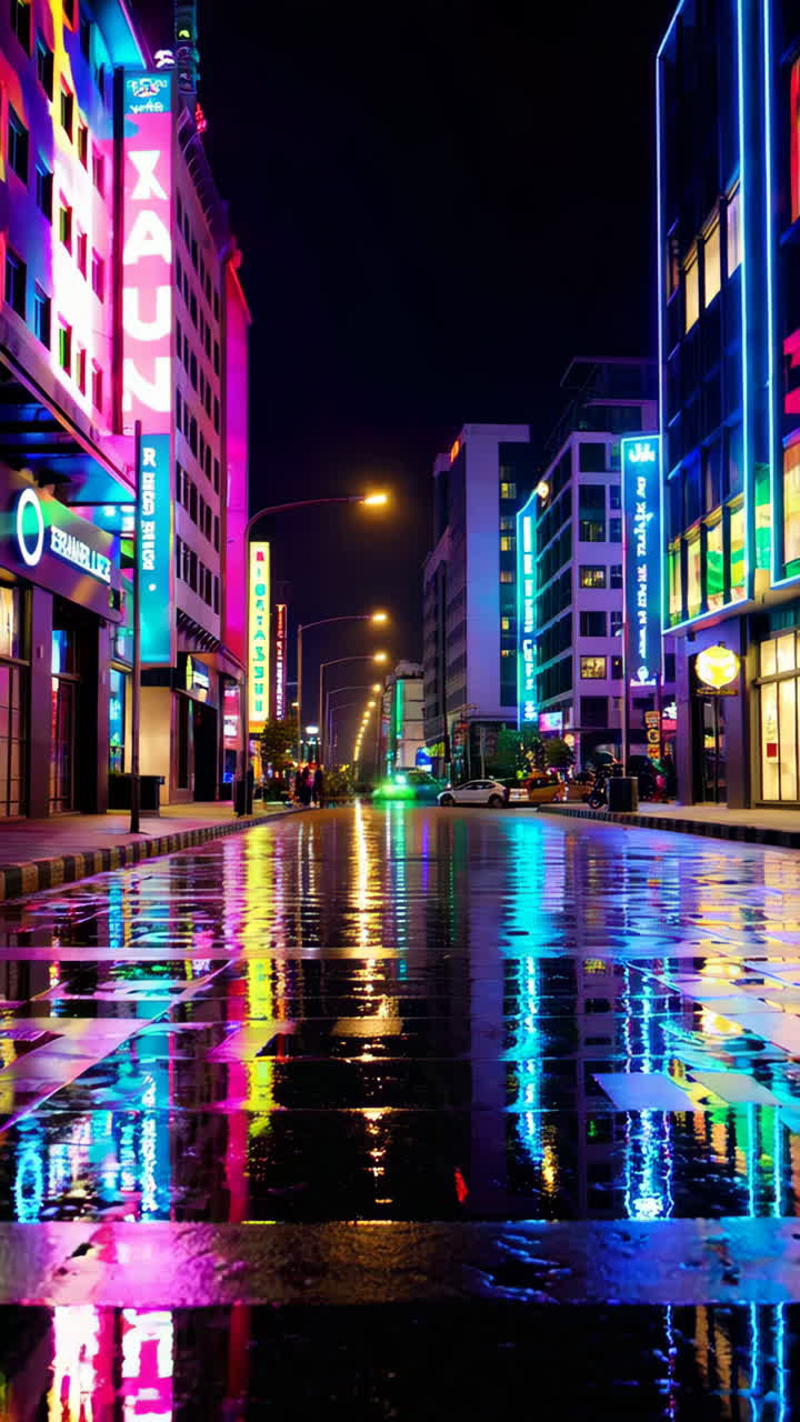 Neon-lit City Street at Night with Reflections | Premium Stock Video ...