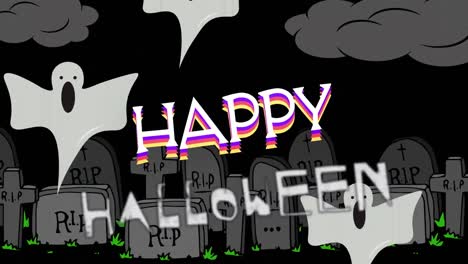 animation of happy halloween text over ghosts and cemetery