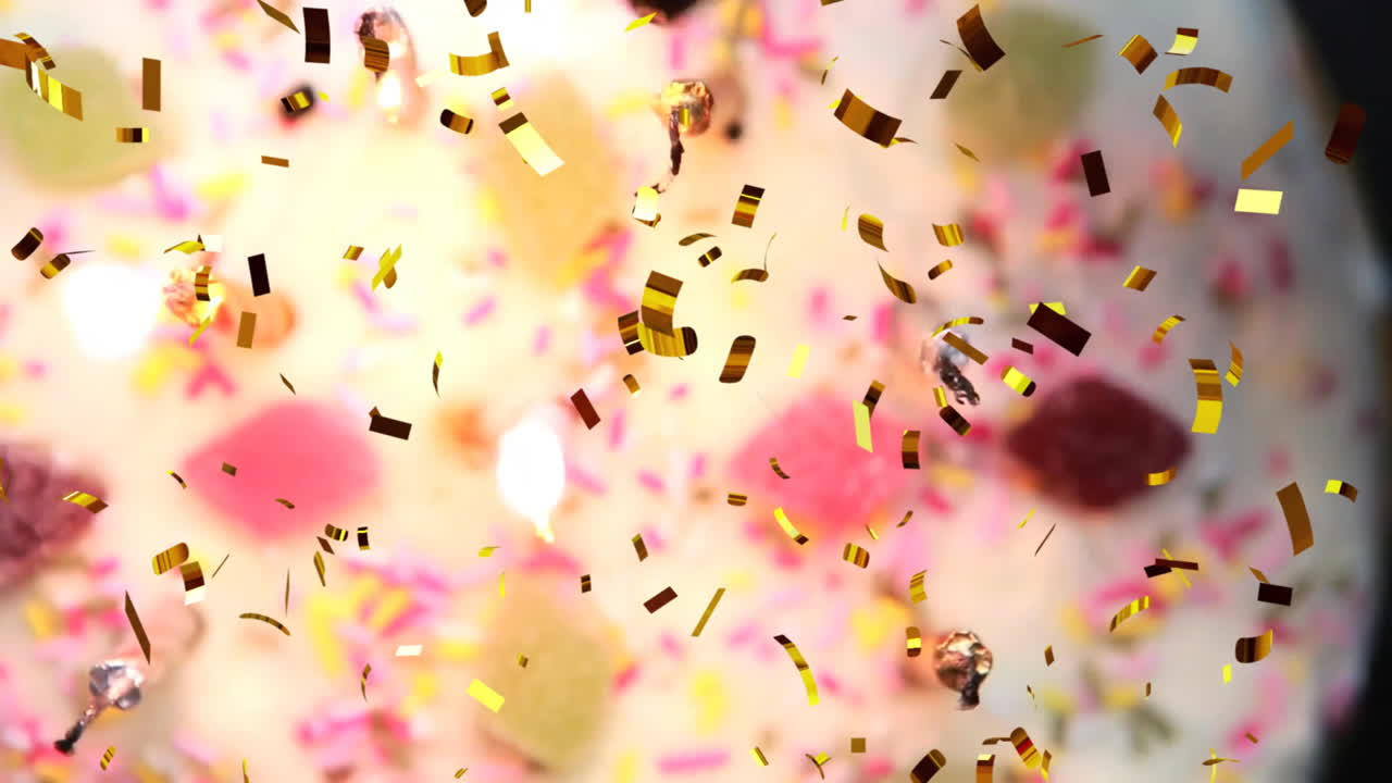 불빛과 장식으로 흐릿한 다채로운 배경 위의 콘페티 애니메이션