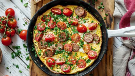 delicious egg omelette with tomatoes, cheese, bread, and sausage