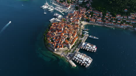 view from above of kanavelic tower in old town of korcula in croatia. aerial shot