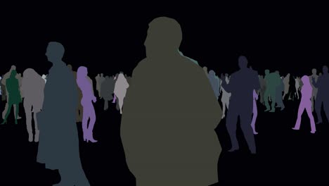 colorful outlines of people standing in a crowd -animation moving rotted on black background