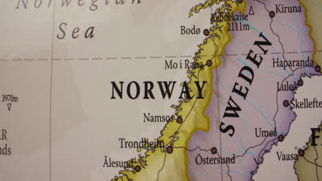 A close-up view of a map showing Norway, Sweden, and the Norwegian Sea