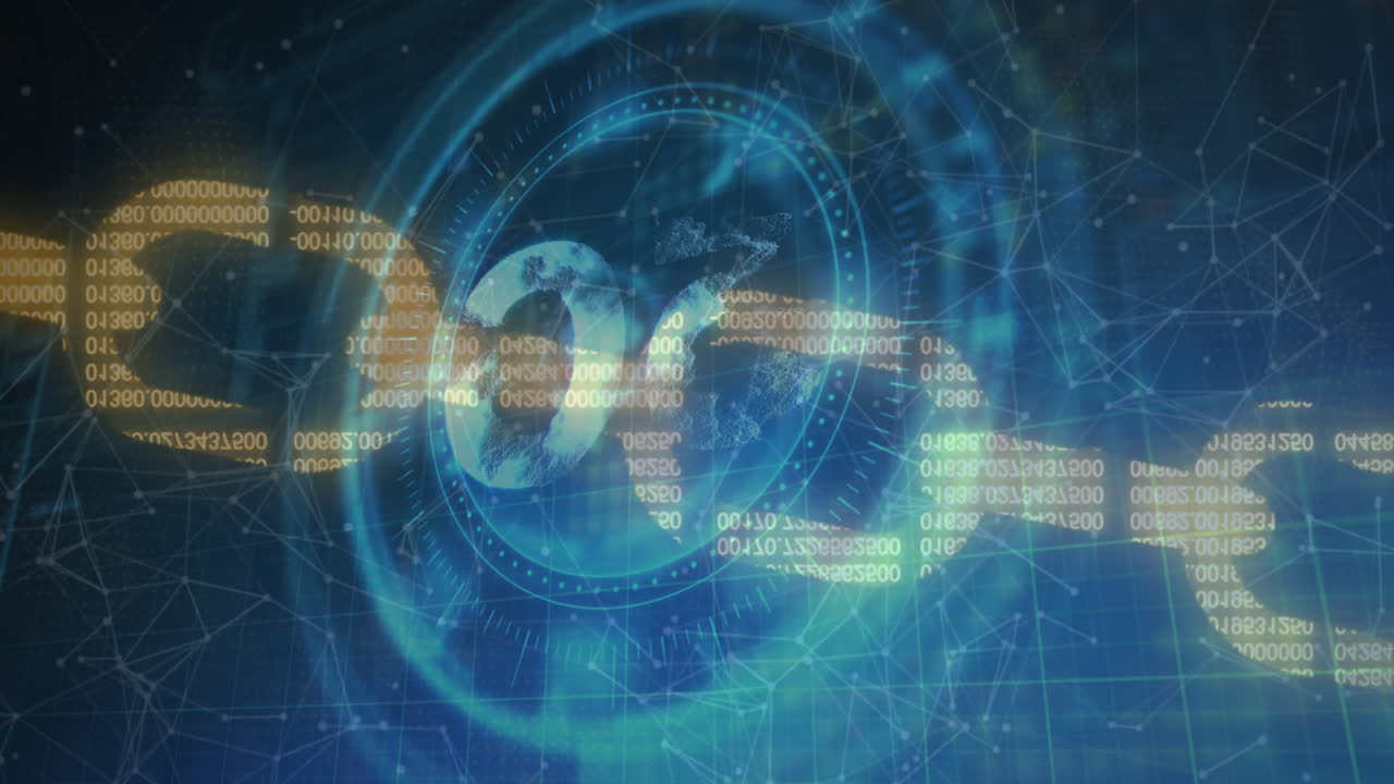 Animation of 5g symbol on rotating safe lock and digital chain over network of connections