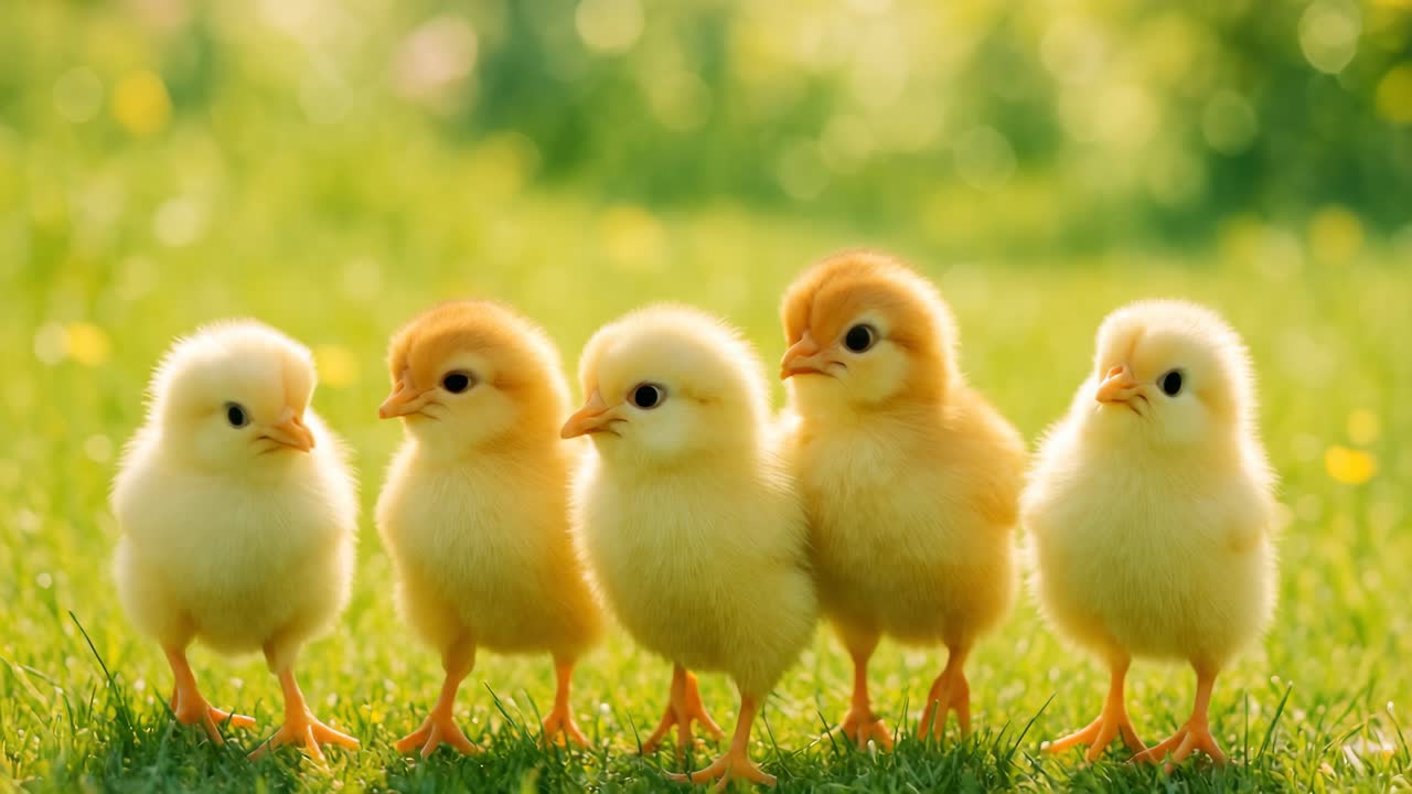 Eine Nahaufnahme-Videoeinstellung von fünf flauschigen Küken, die auf Gras stehen, auf Augenhöhe aufgenommen.