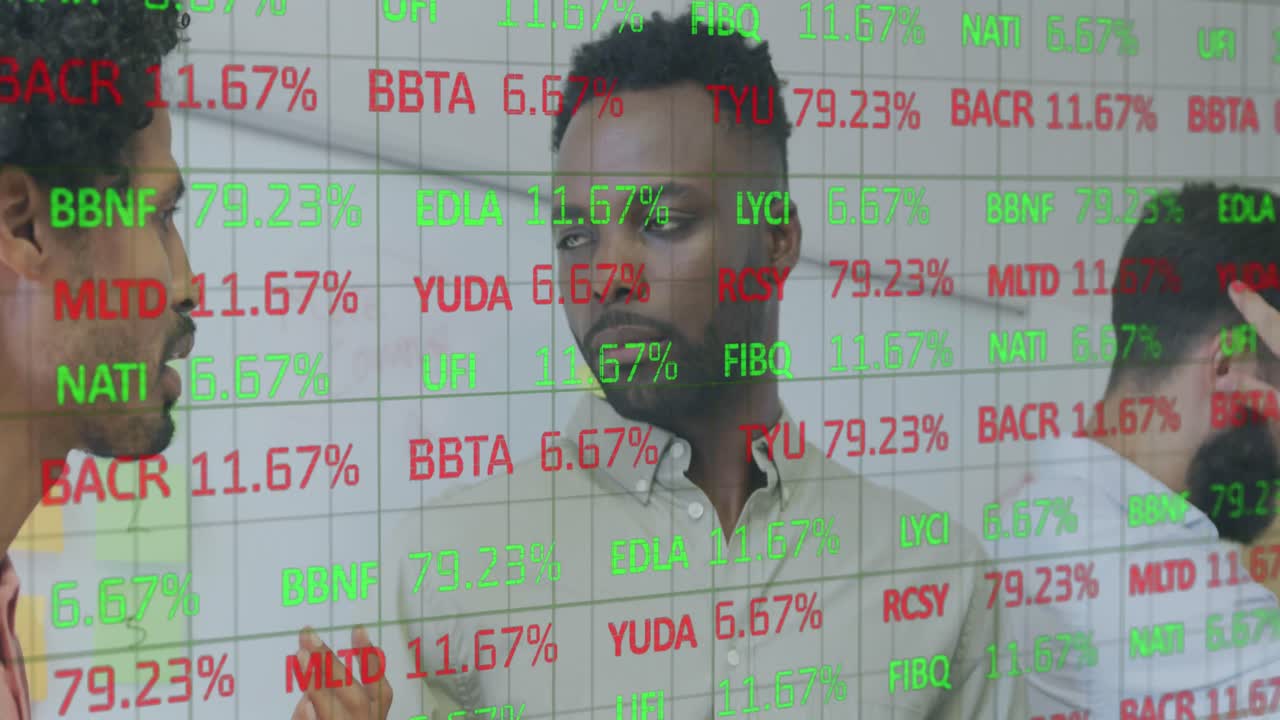 Animation of financial data processing over diverse business people having meeting at office