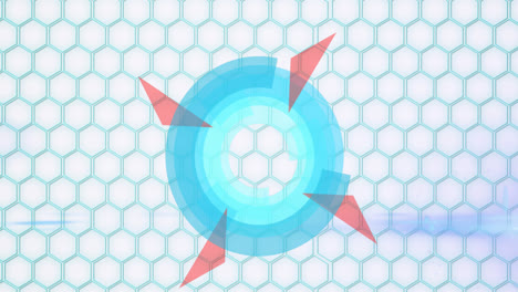 animation of spinning blue and pink shapes over a grid